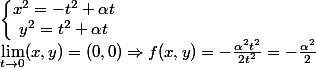 \left\{\begin{matrix}x^{2}=-t^{2}+\alpha t\\ y^{2}=t^{2}+\alpha t\end{matrix}\right.\\\lim_{t\to 0} (x,y)=(0,0)\Rightarrow f(x,y)=-\frac{\alpha^{2}t^{2}}{2t^{2}}=-\frac{\alpha^{2}}{2}